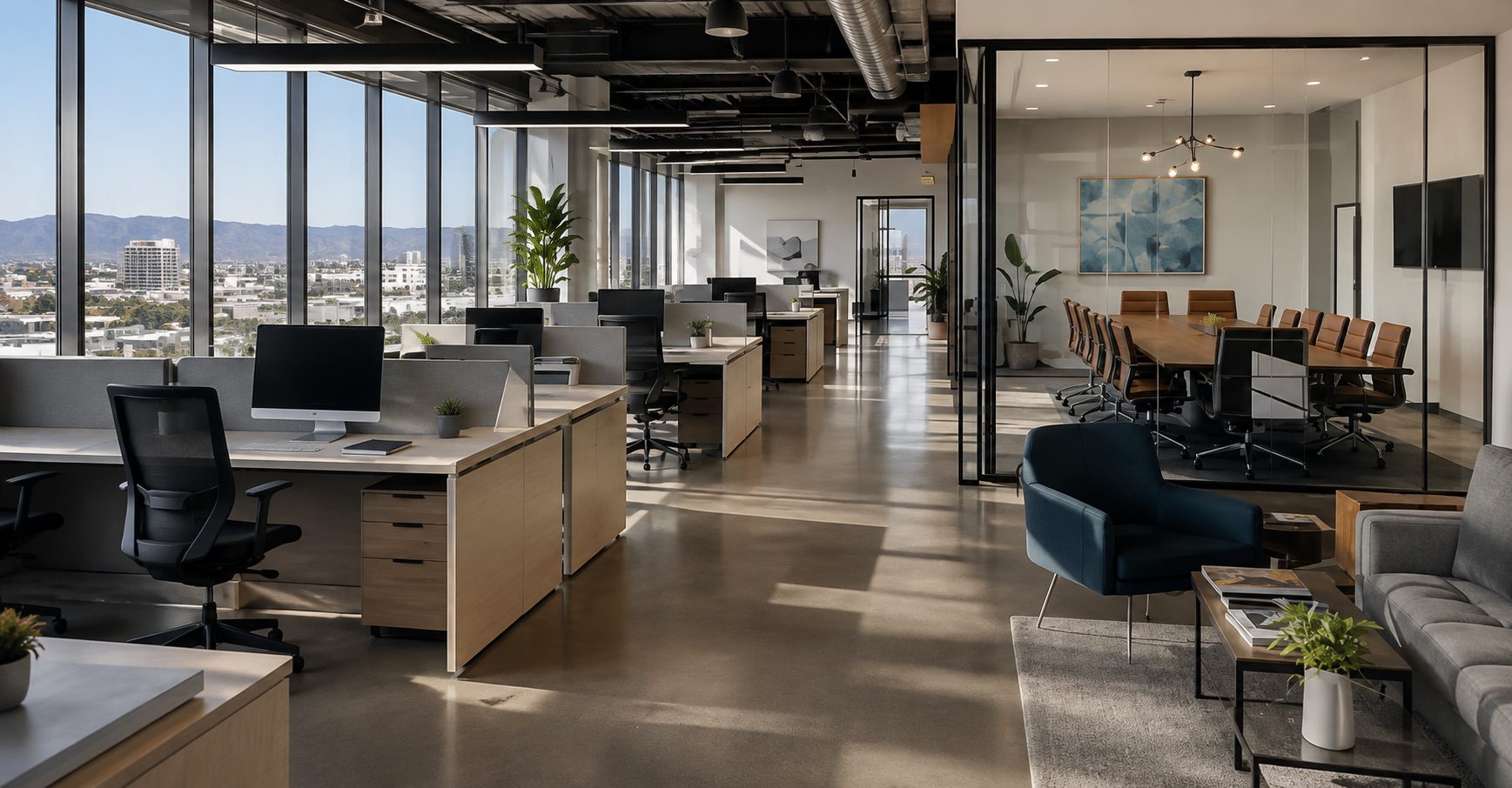 A light-filled furnished office with workstations, a glass conference room and a comfortable lounge